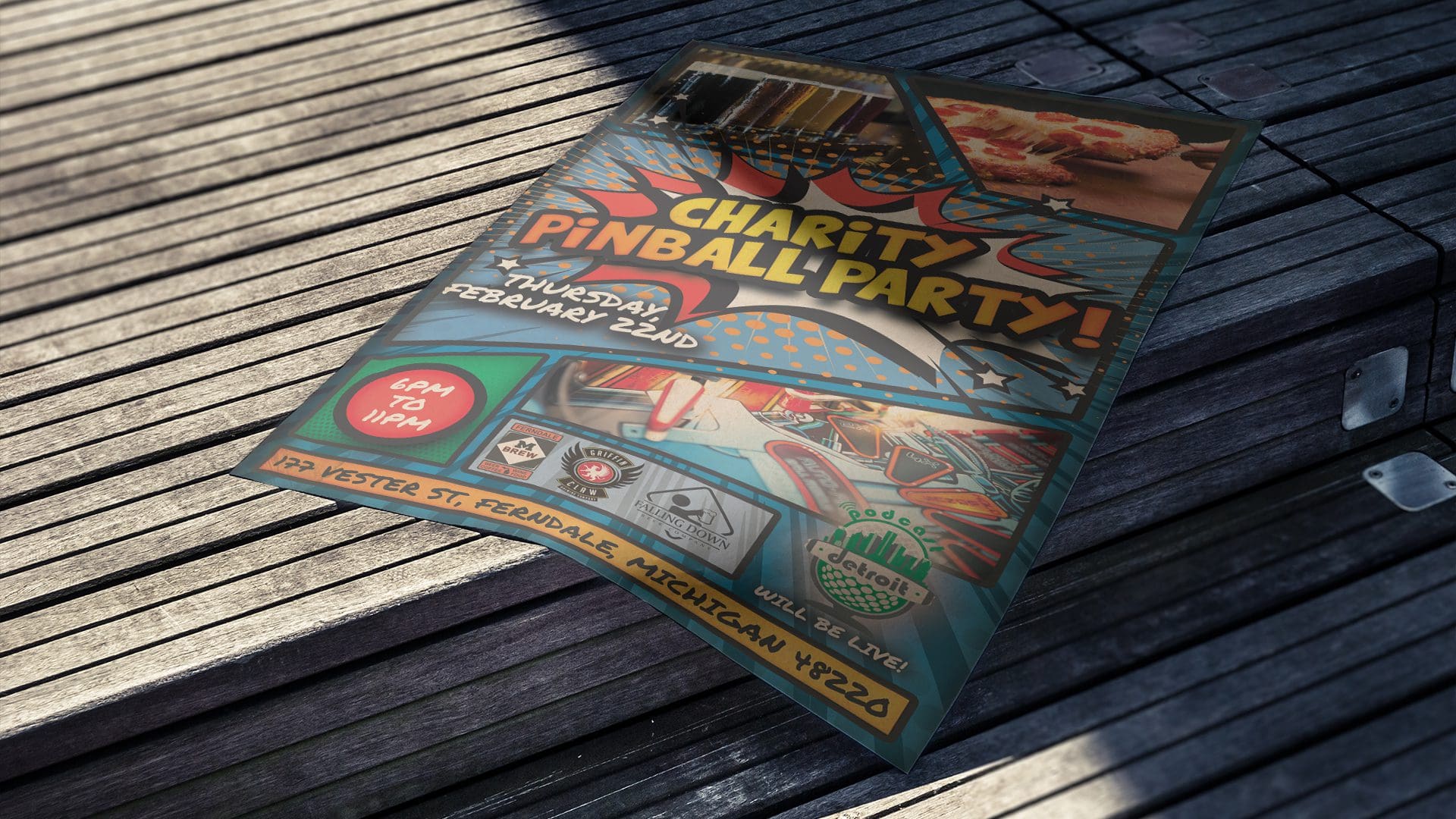 Podcast Detroit – Charity Pinball Flyer