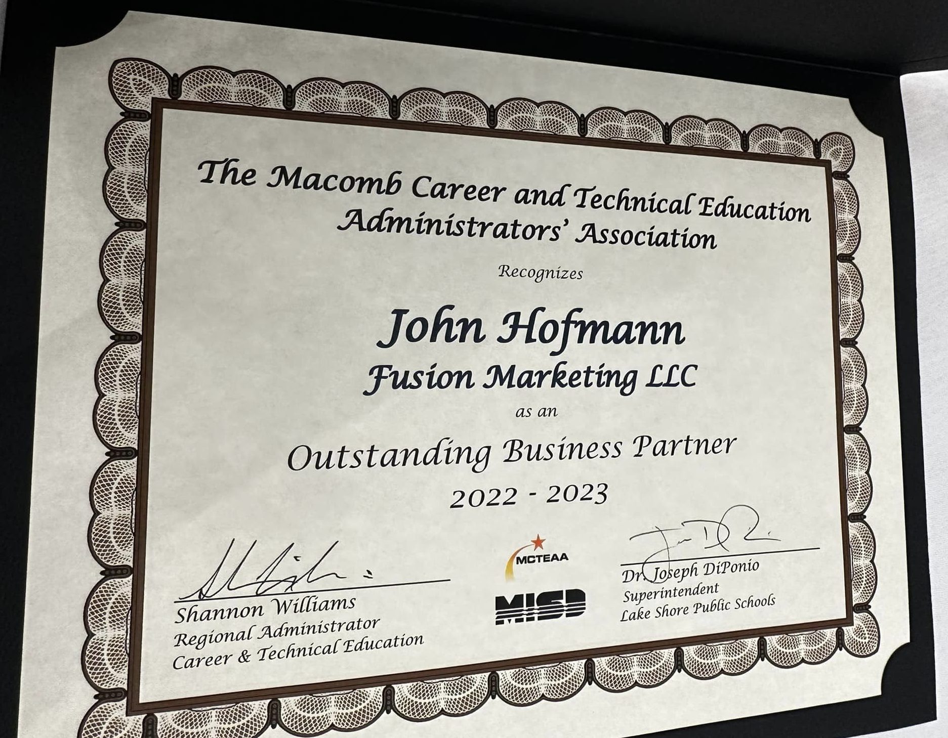 Fusion Marketing Fusion Marketings John Hofmann Honored with MCTEAA 2023 Business Partner Award Certificate