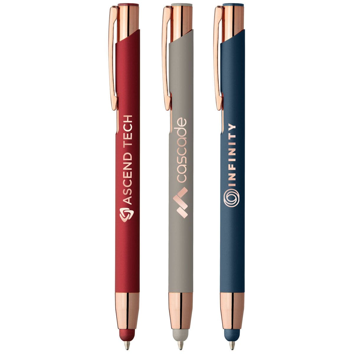 Fusion Marketing Our Top 20 Promotional Pens with Logo Options the Markets Where They Shine Crosby Softy Rose Gold with Stylus Mirror Laser Copy