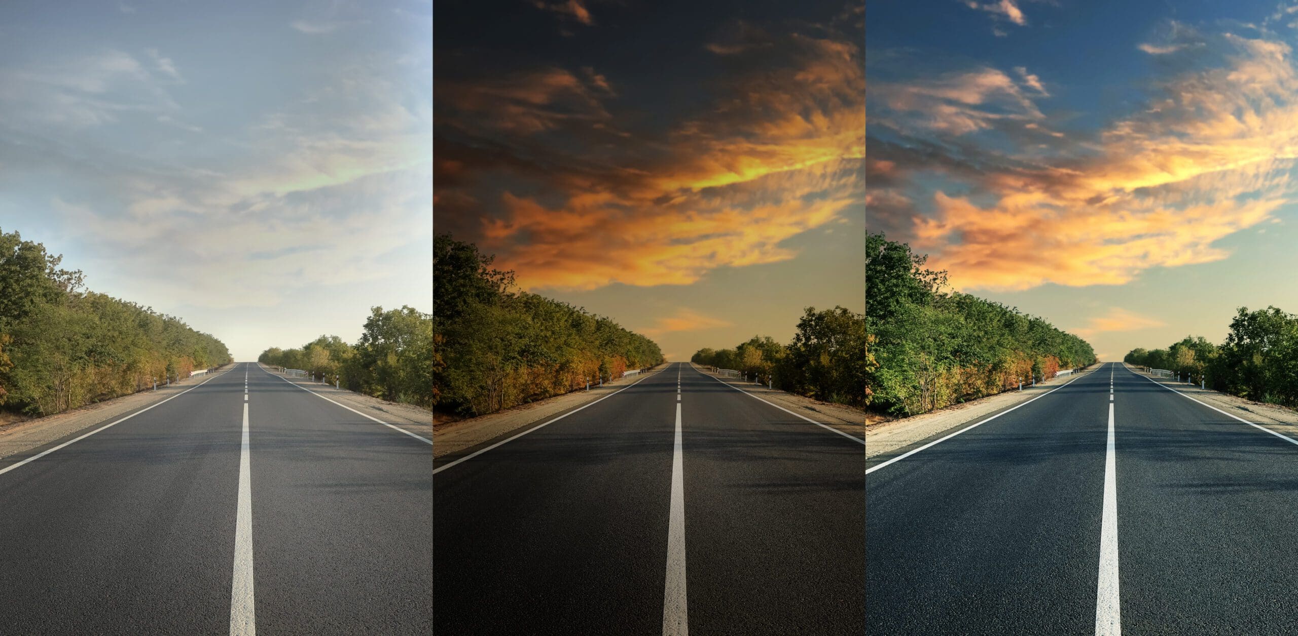 Photos before and after retouch, collage. Beautiful view of empty asphalt highway