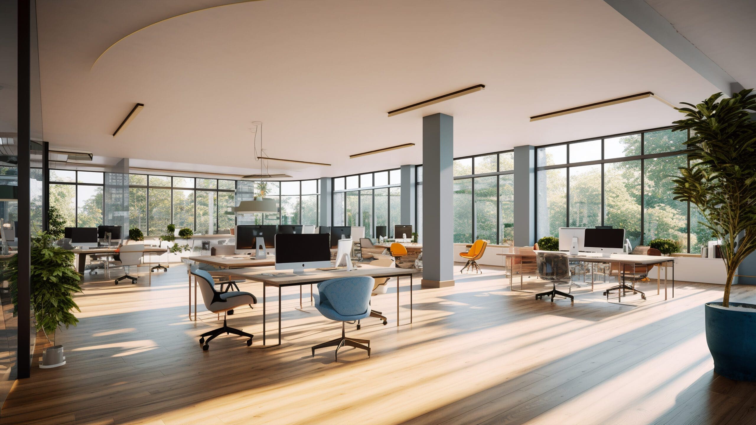 The hustle and bustle of a modern open plan office with a wide angle lens during the afternoon, using natural light to highlight the collaborative environment and team spirit